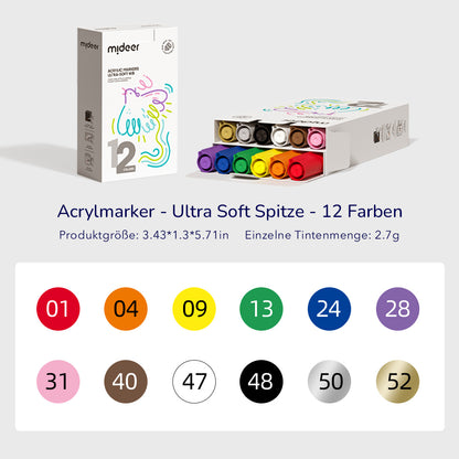 Acrylmarker - Ultraweiche Spitze - 12 Farben